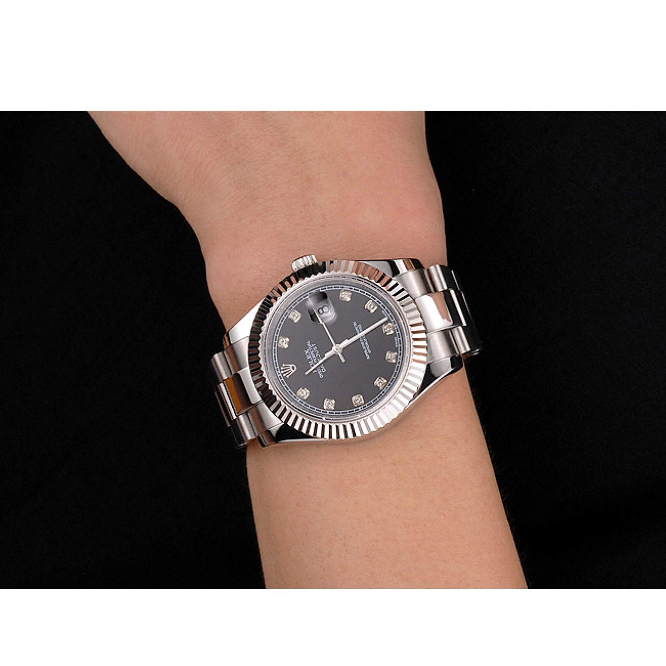 Best AAA Replica Sites Dimond Case Swiss Bracelet Hour Dial Datejust Rolex Marks Stainless Steel Black And 0802